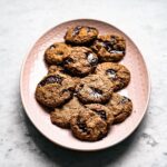 A platter of almond flour chocolate chunk cookies.