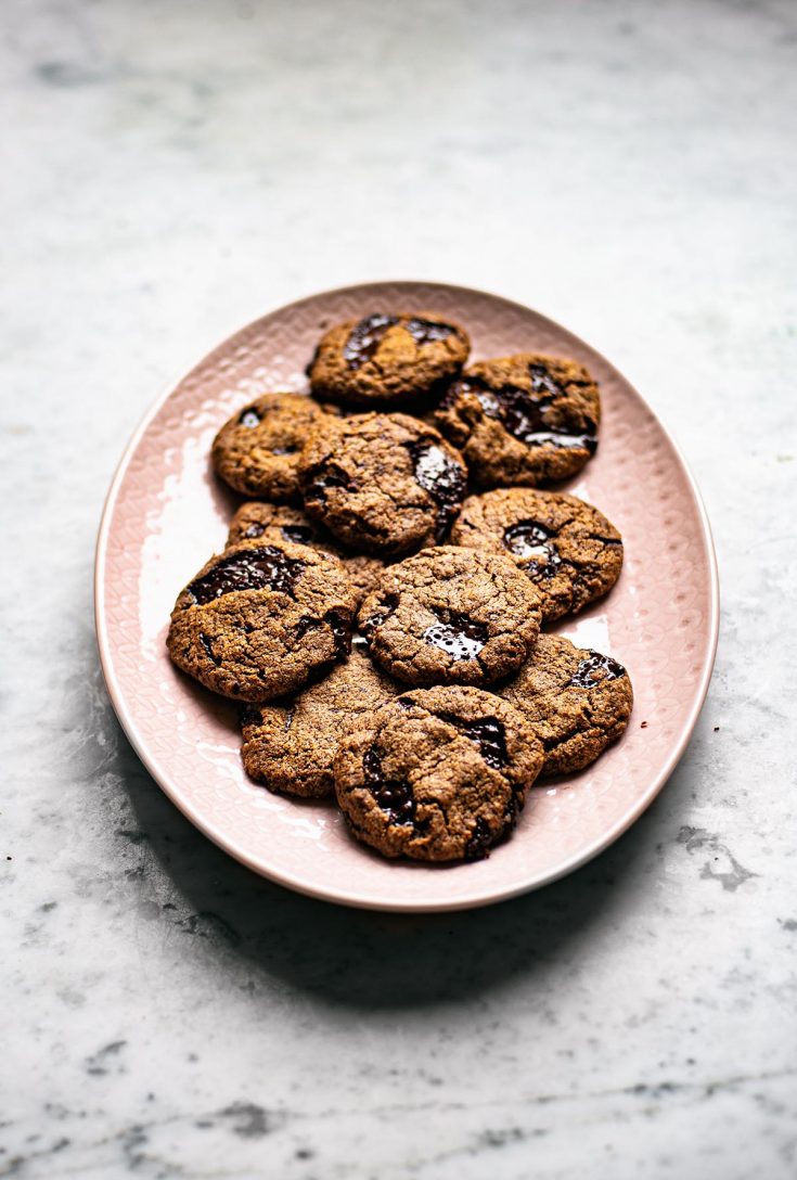 A platter of almond flour chocolate chunk cookies.