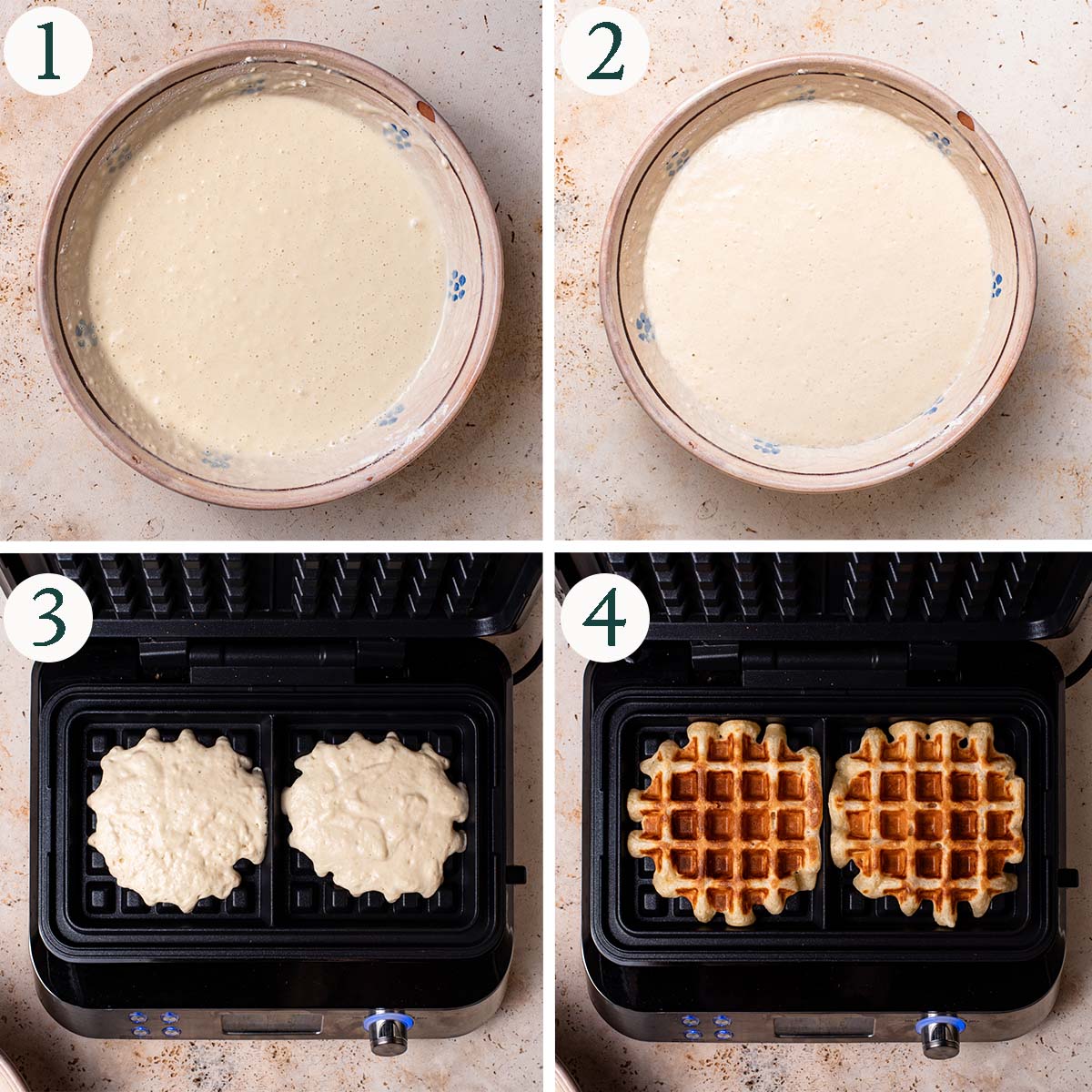 Waffles steps 1 to 4, batter before and after rising, waffles before and after baking in the waffle iron.