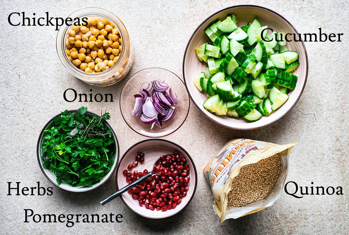 Chickpea quinoa salad ingredients with labels.