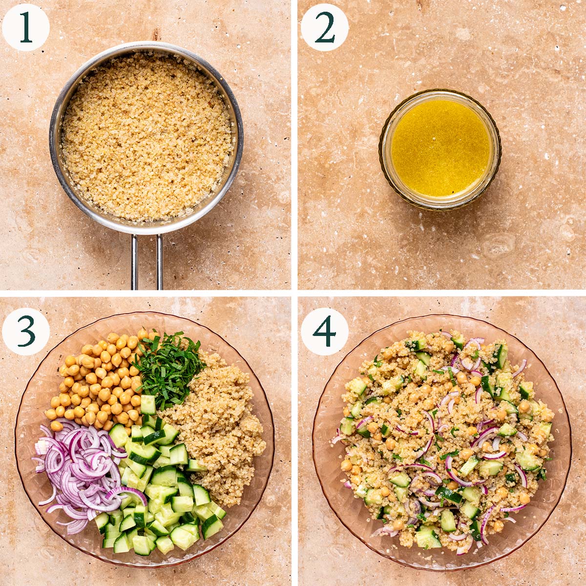 Quinoa salad steps 1 to 4, cooked quinoa, mixed dressing, salad before and after tossing.