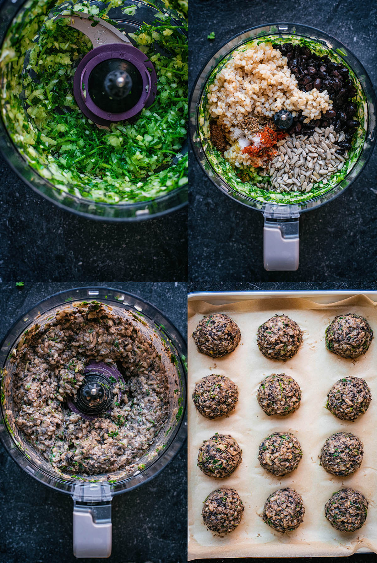 Process shots, clockwise from upper left: chopped herbs, onion, and garlic in a food processor, remaining ingredients added to food processor, meatballs on a baking sheet, and finished mixture in food processor.