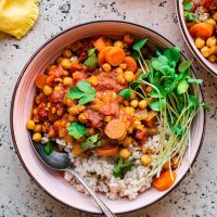 Chickpea carrot stew with rice and radish sprouts in a pink bowl.