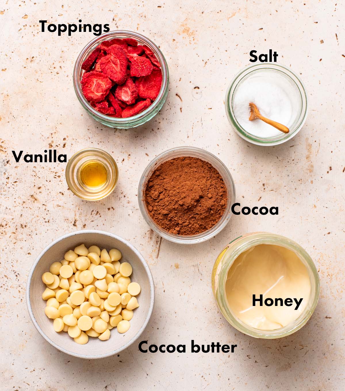 Raw chocolate ingredients with labels.