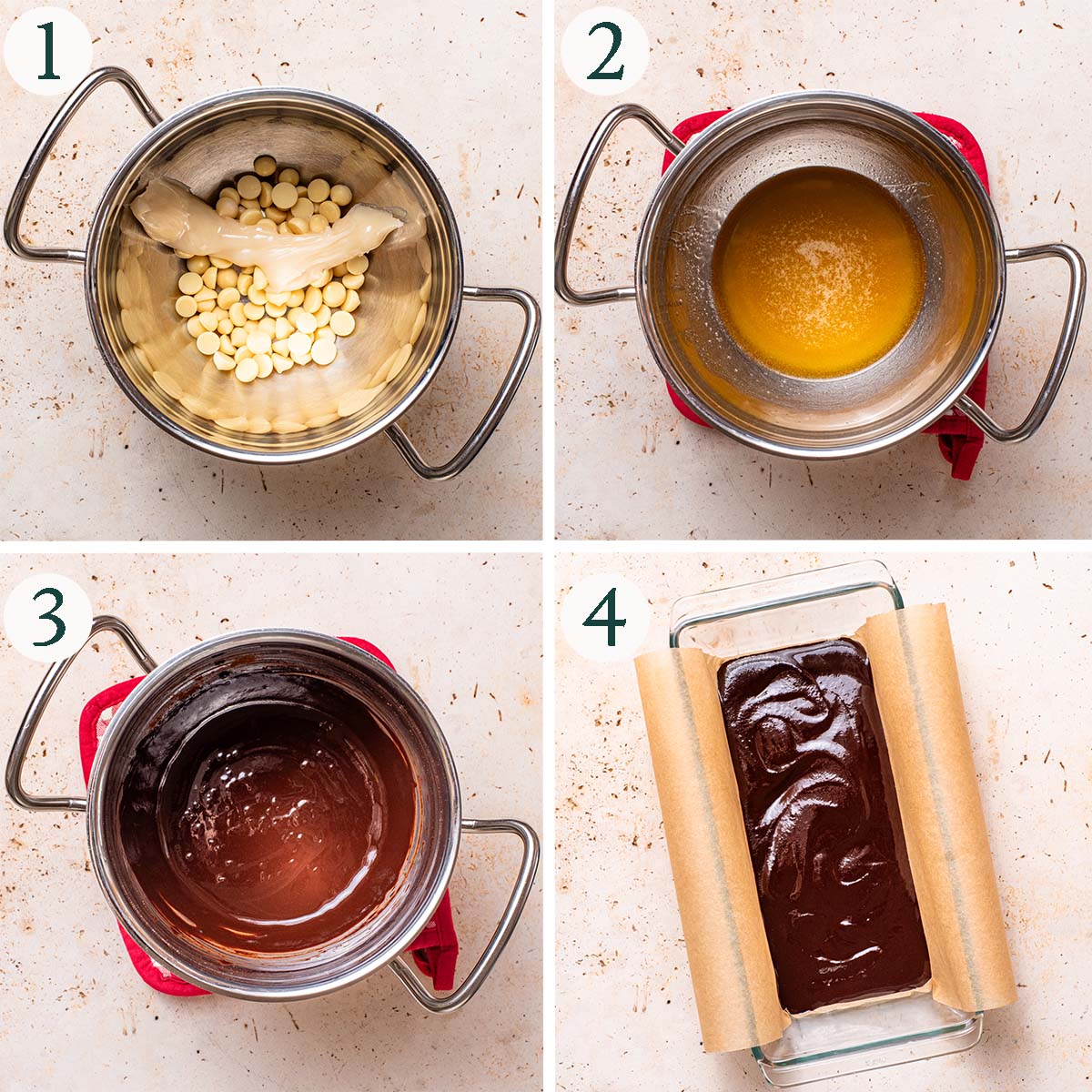Chocolate steps 1 to 4, cacao butter before and after melting, with other ingredients mixed in, and poured into the mould.