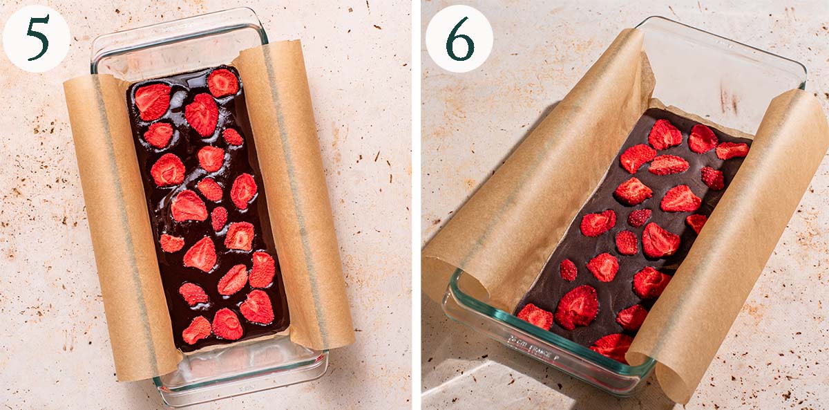 Chocolate steps 5 and 6, before and after setting in a loaf tin.