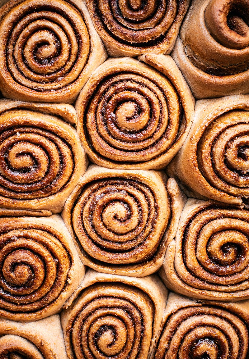 Baked cinnamon rolls, top down shot.