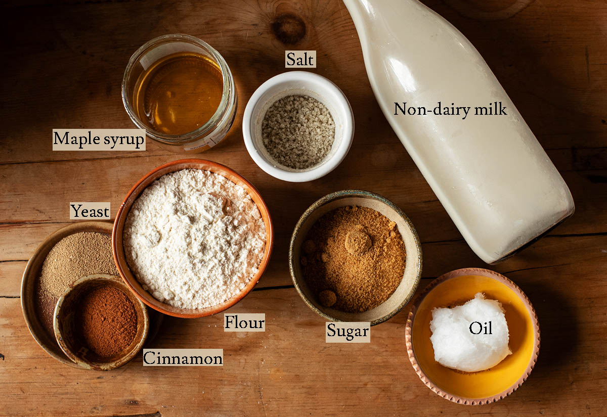 Vegan cinnamon rolls ingredients with labels.