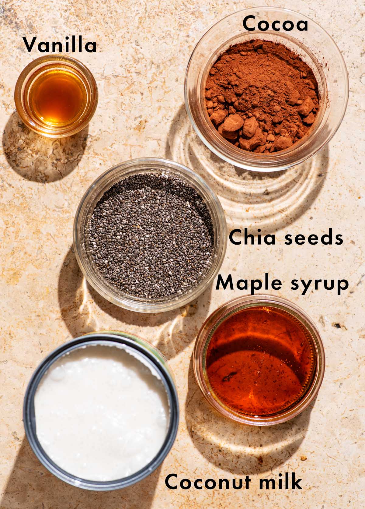 Chocolate chia mousse ingredients with labels.
