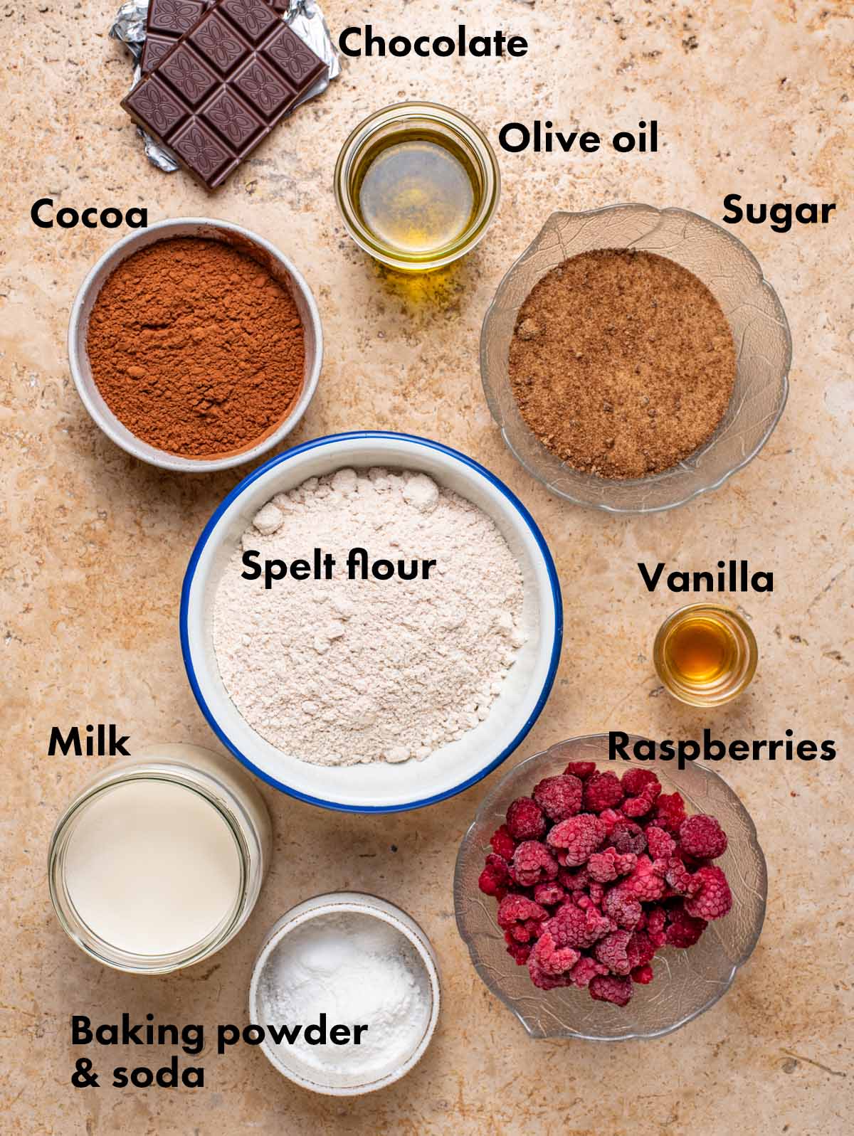 Chocolate raspberry muffins ingredients with labels.