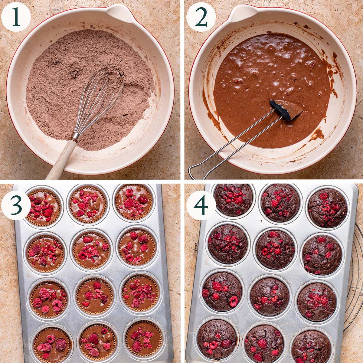 Muffins steps 1 to 4, dry ingredients mixed, finished batter, muffins before and after baking.