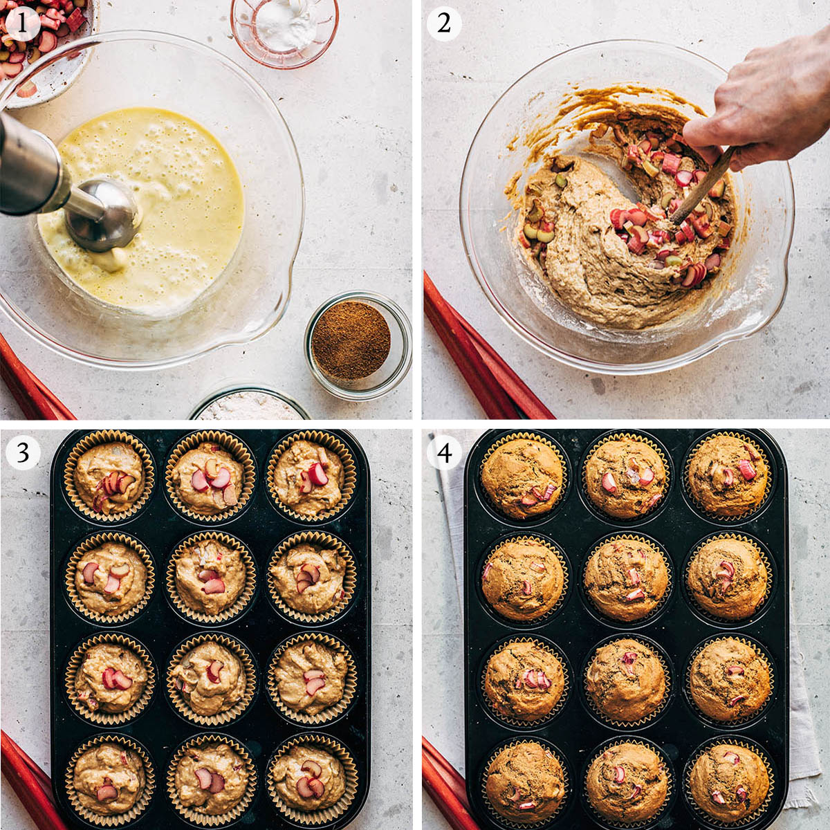 Rhubarb muffins steps 1 to 4.