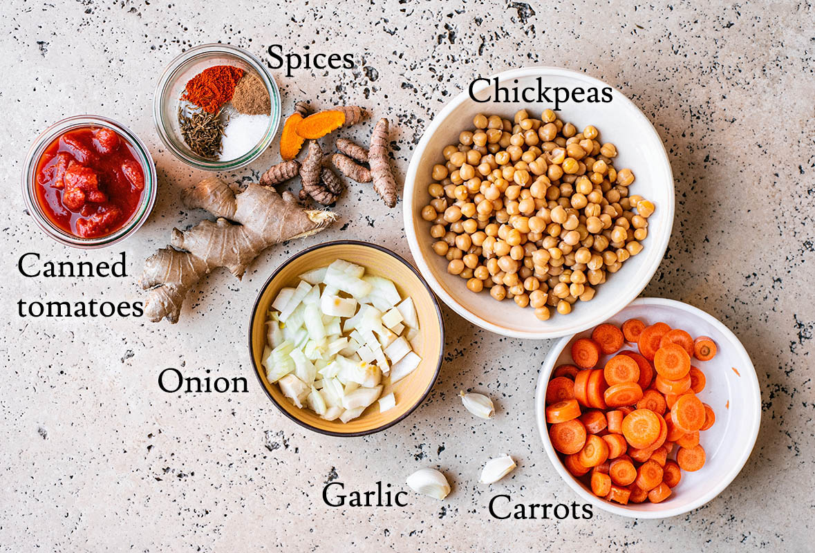 Chickpea stew ingredients with labels.