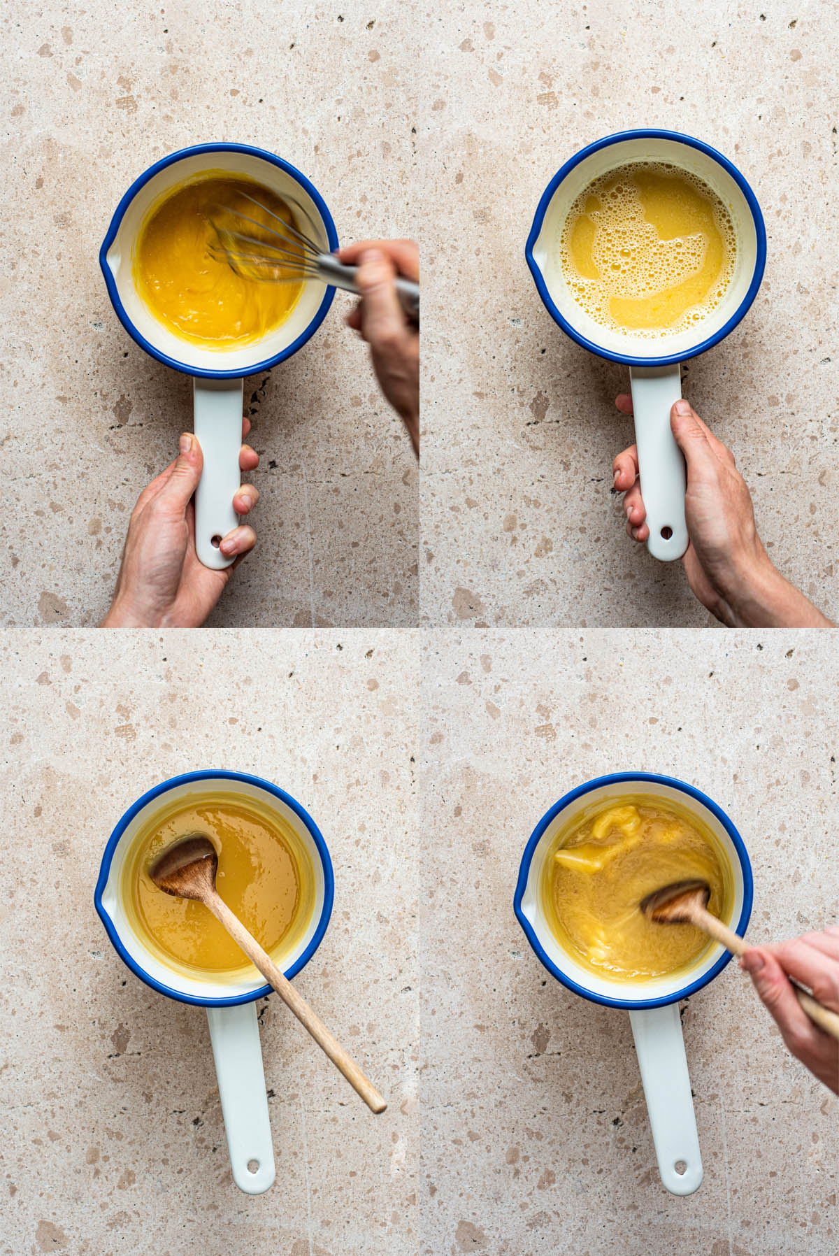 Steps for making lemon curd. Whisking egg yolks and honey, showing thickened curd, and whisking nondairy butter in.