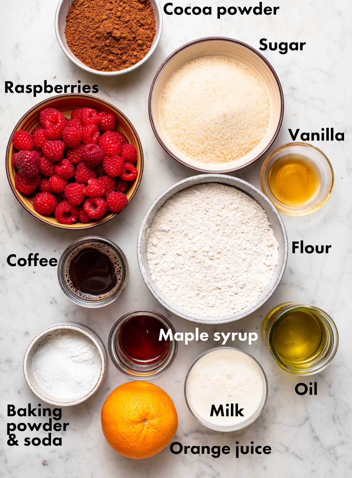 Chocolate raspberry cake ingredients with labels.