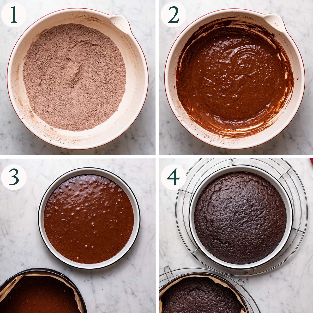 Chocolate cake steps 1 to 4, dry ingredients mixed, finished cake batter, and before and after baking.