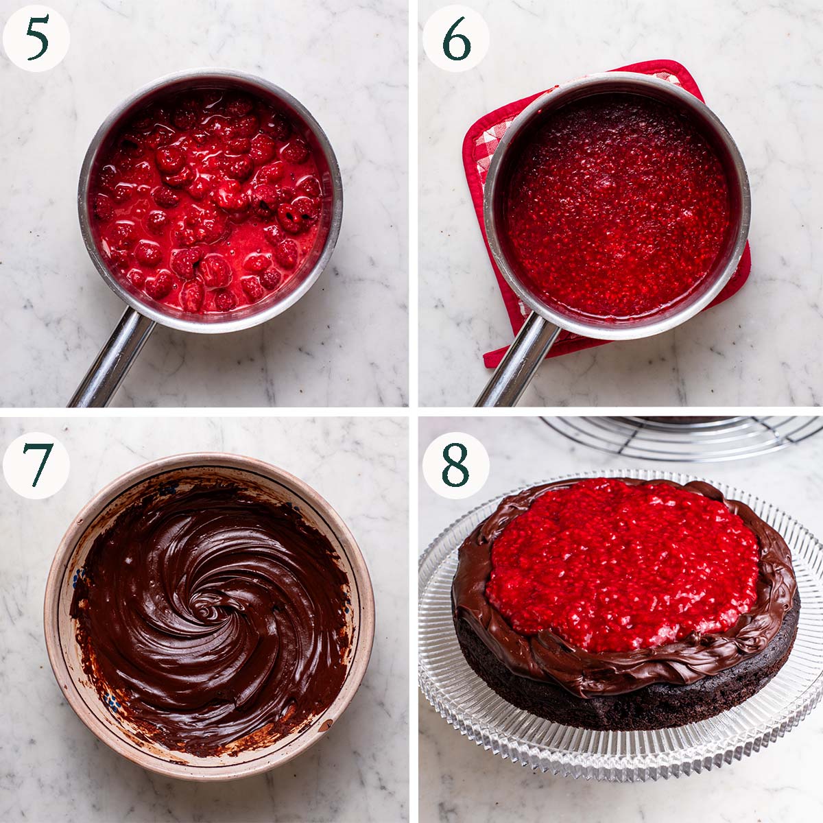 Cake and filling steps 5 to 8, raspberry filling before and after cooking, chocolate ganache, and the cake being filled.