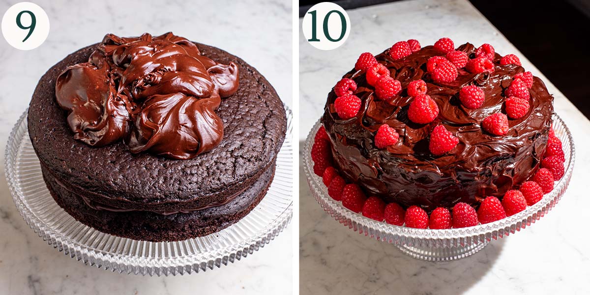 Cake steps 9 and 10, adding ganache and finished decorated cake.