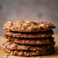 A stack of peanut butter oatmeal cookies, close up.