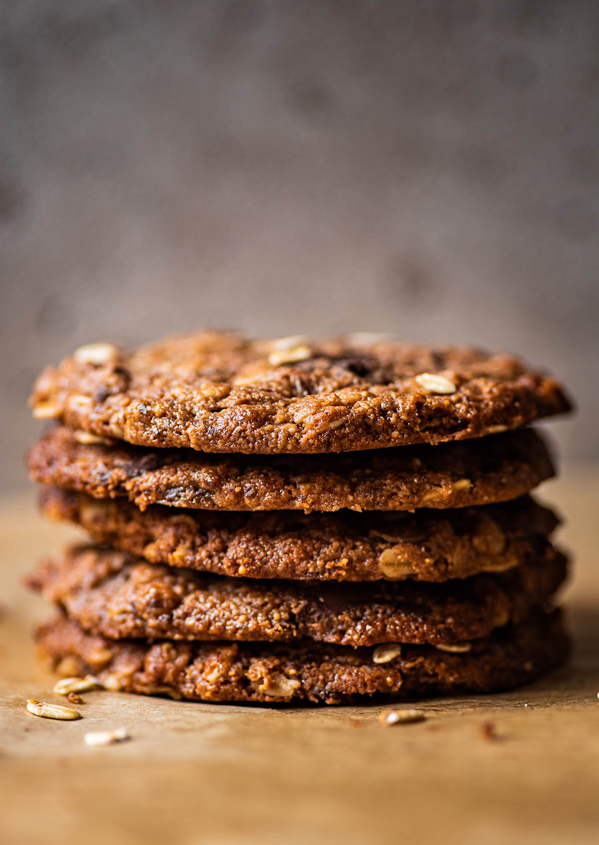 A stack of peanut butter oatmeal cookies, close up.
