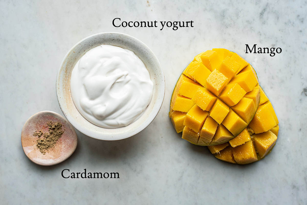 Mango lassi ingredients with labels.