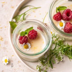 Two small glass jars filled with off-white pudding topped with berries.