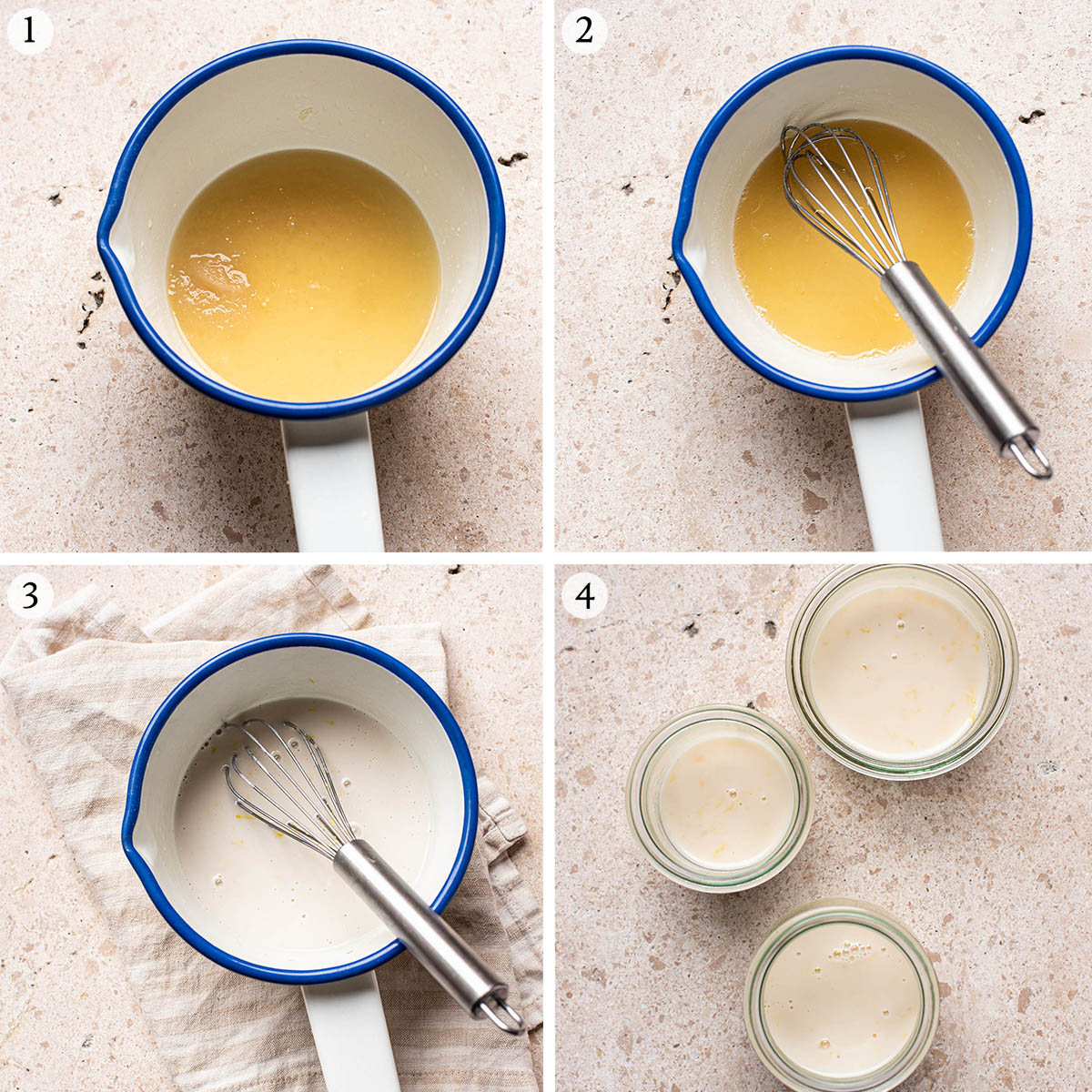Coconut milk panna cotta steps 1 to 4.