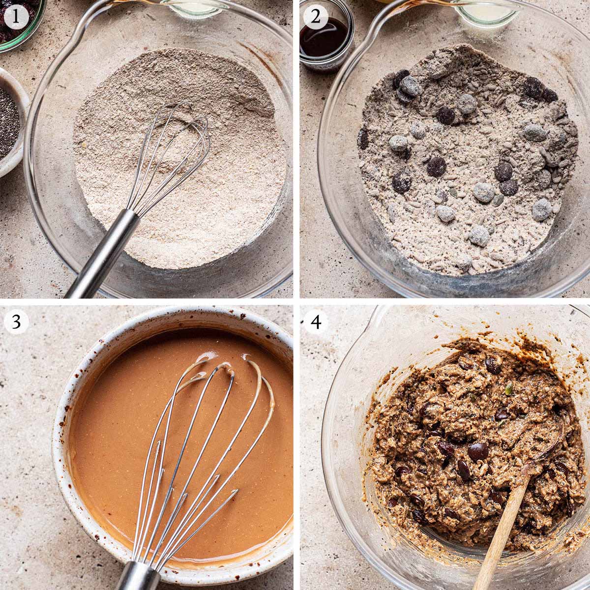 Cookies steps 1 to 4, mixing dry ingredients, with add-ins, mixed wet ingredients, and finished cookie dough.