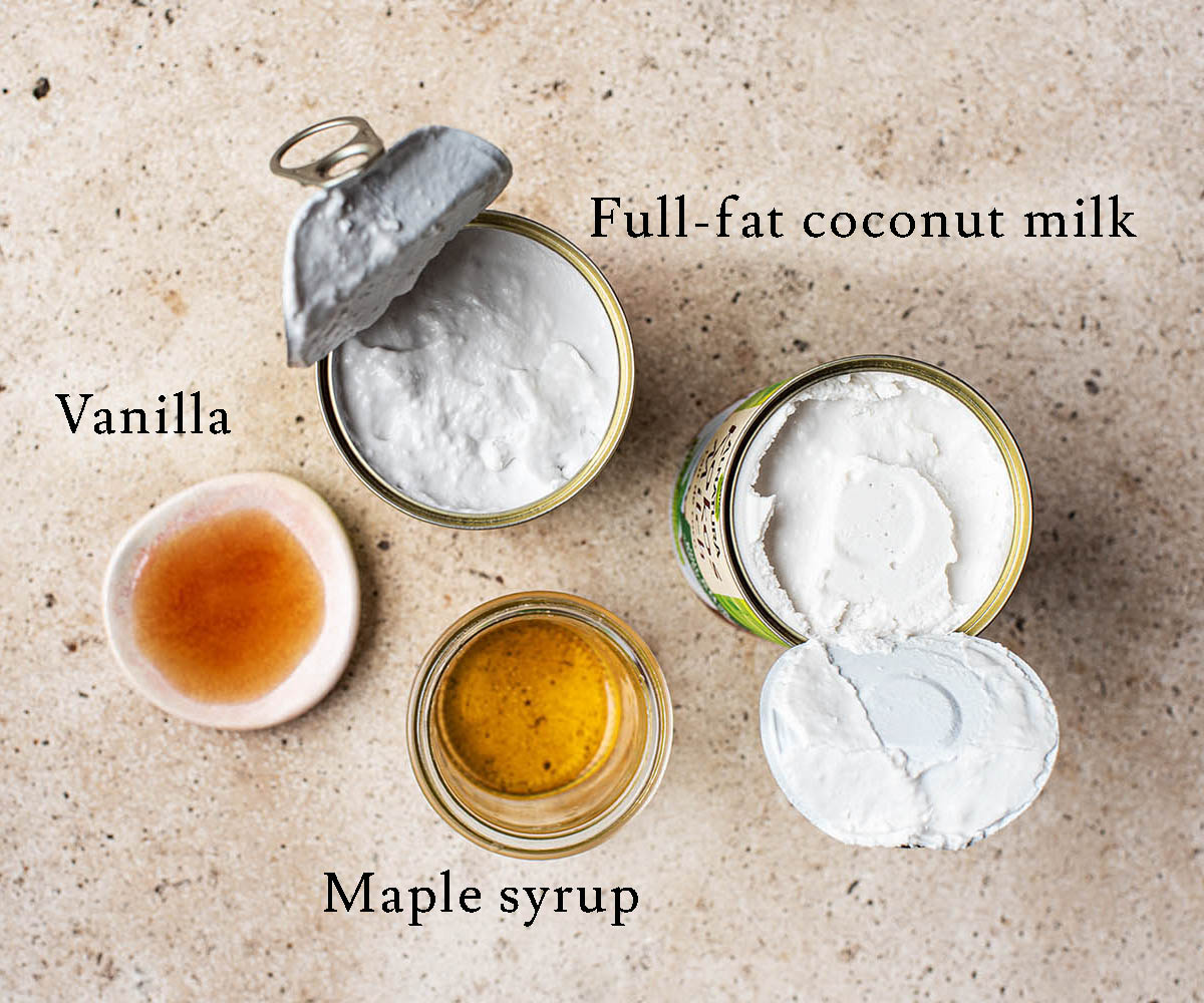 Coconut whipped cream ingredients with labels.