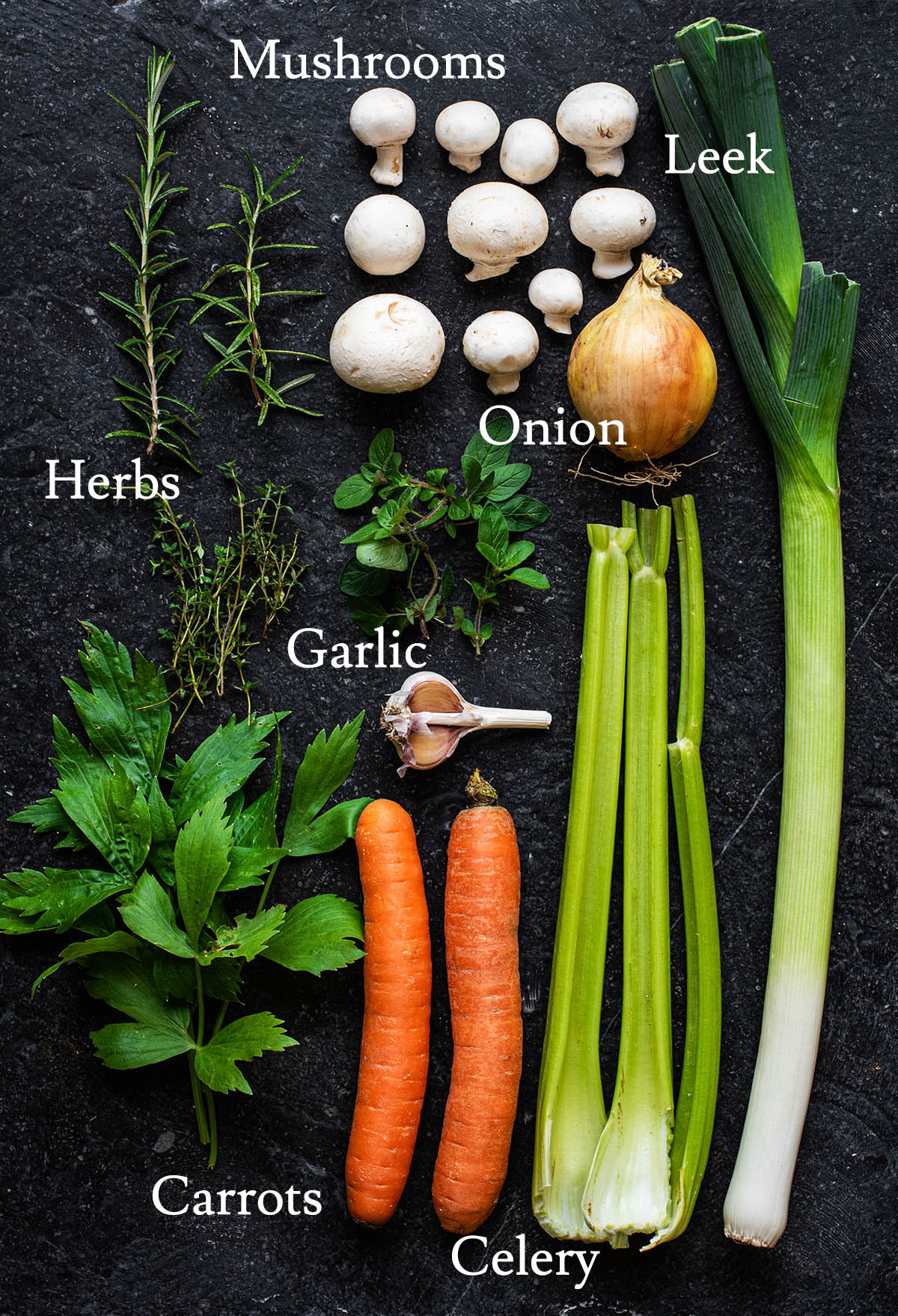 Vegetable broth ingredients with labels.