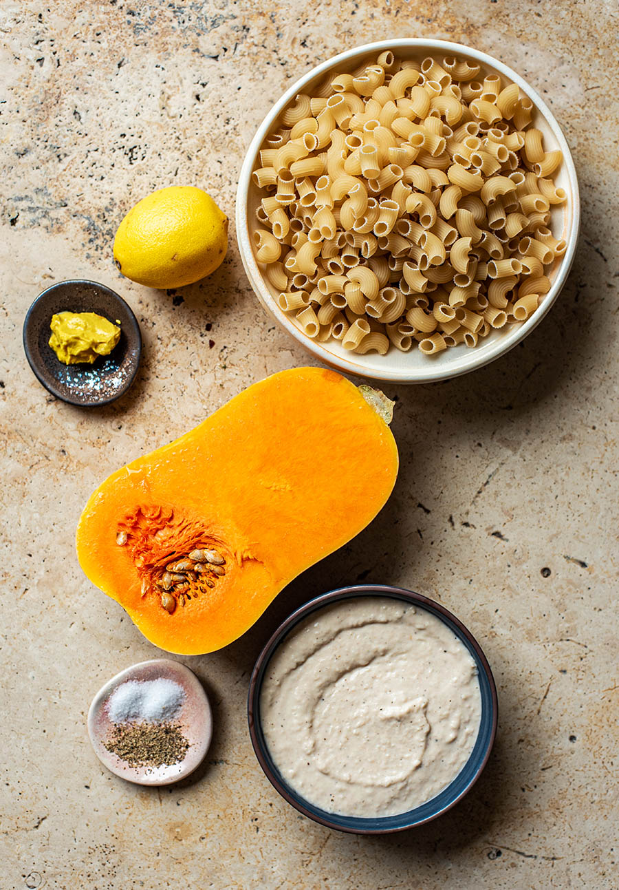 Butternut squash mac and cheese ingredients.
