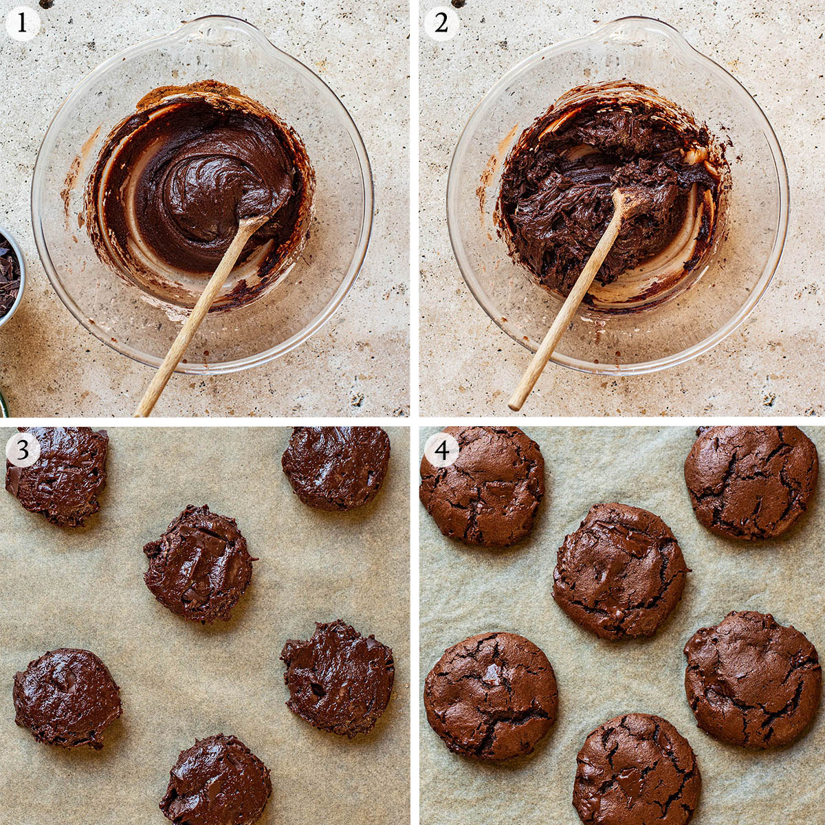Flourless chocolate cookies steps 1 to 4.