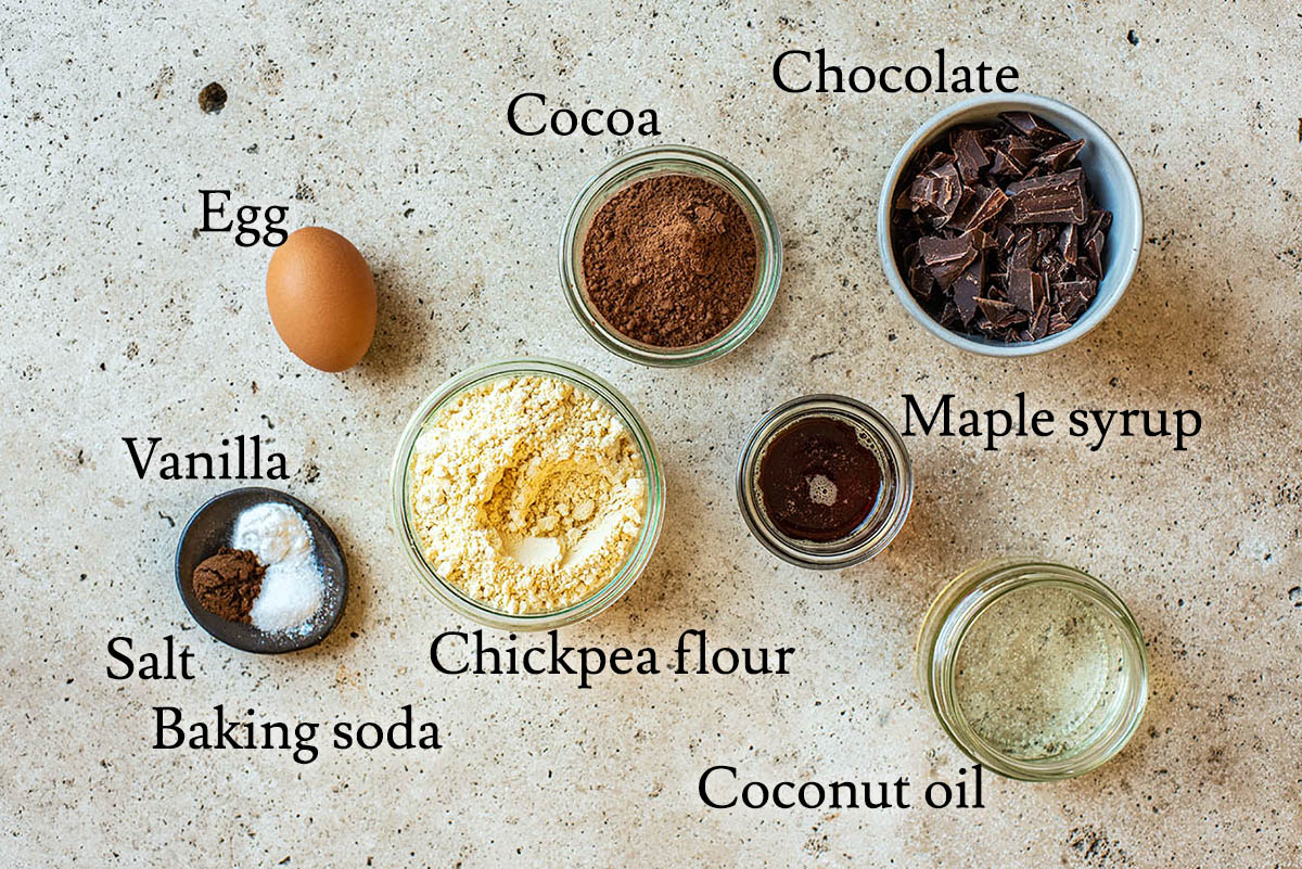 Chocolate chickpea flour cookie ingredients with labels.