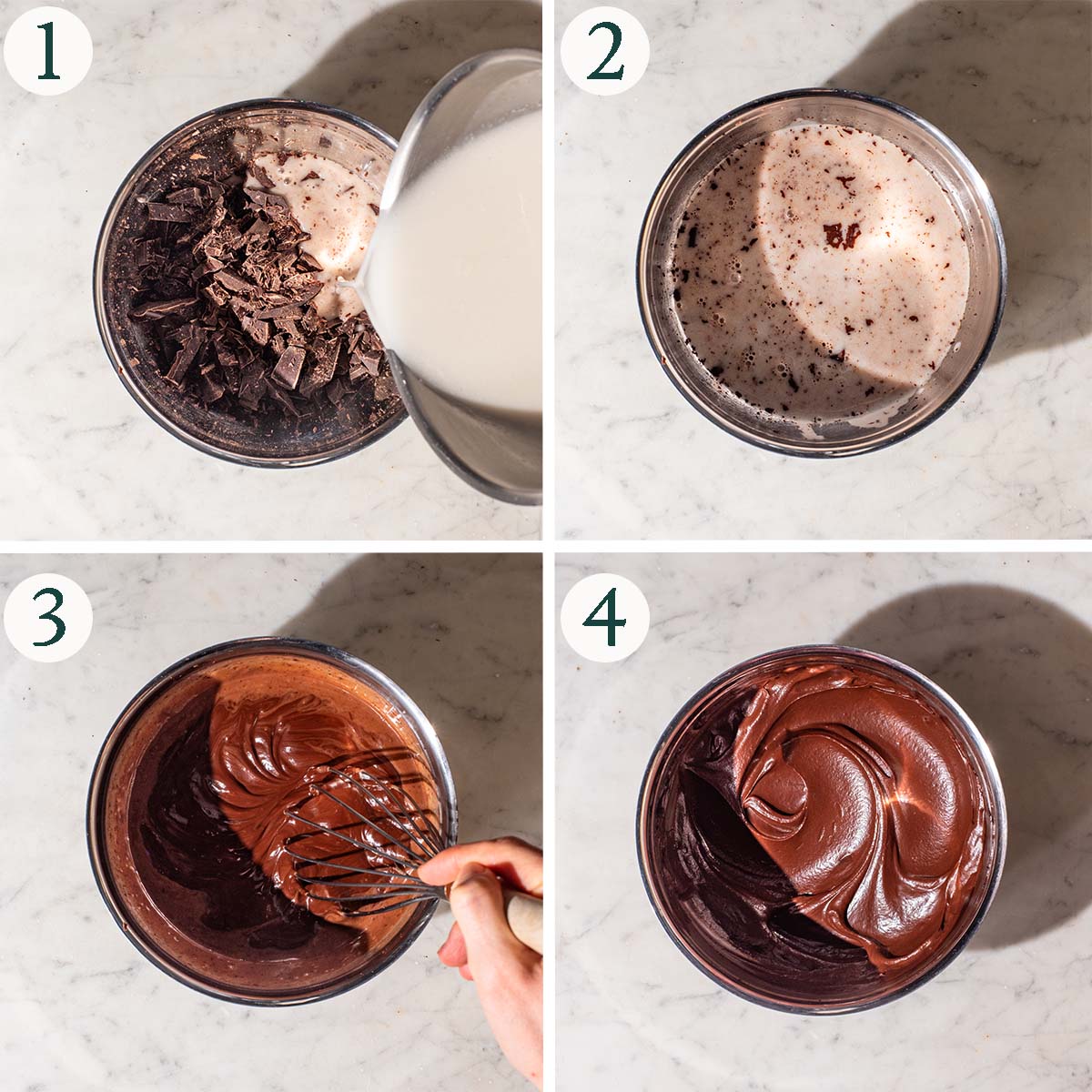 Ganache steps 1 to 4, pouring milk over chocolate, resting, stirring, and finished ganache.