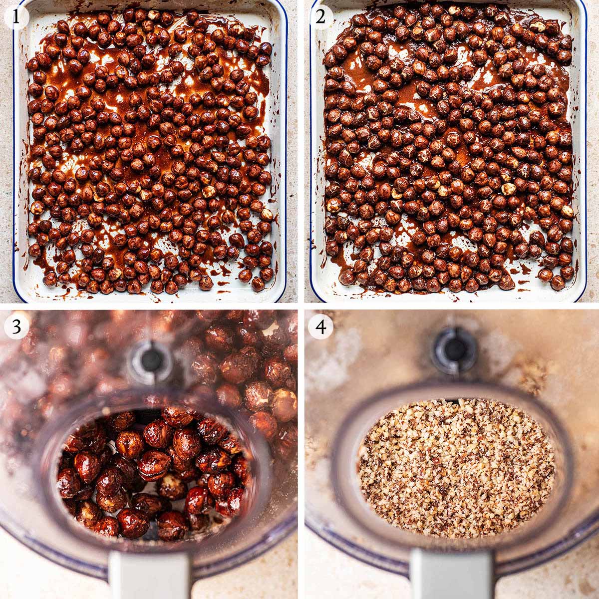 Hazelnut butter steps 1 to 4, before and after roasting, in the food processor, and ground into hazelnut meal.