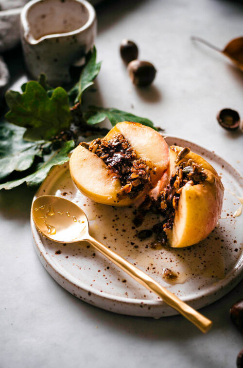 Granola and chocolate stuffed baked apple.