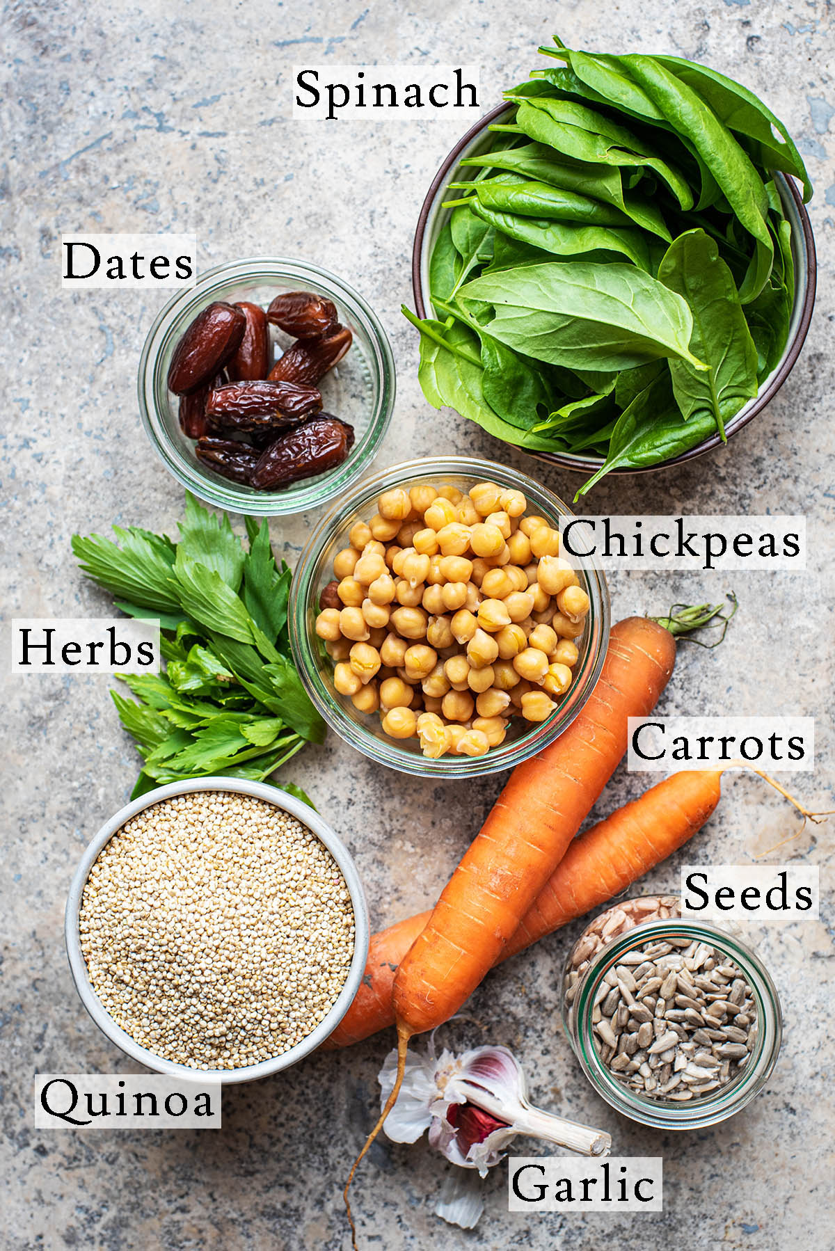 Carrot quinoa salad ingredients with labels.