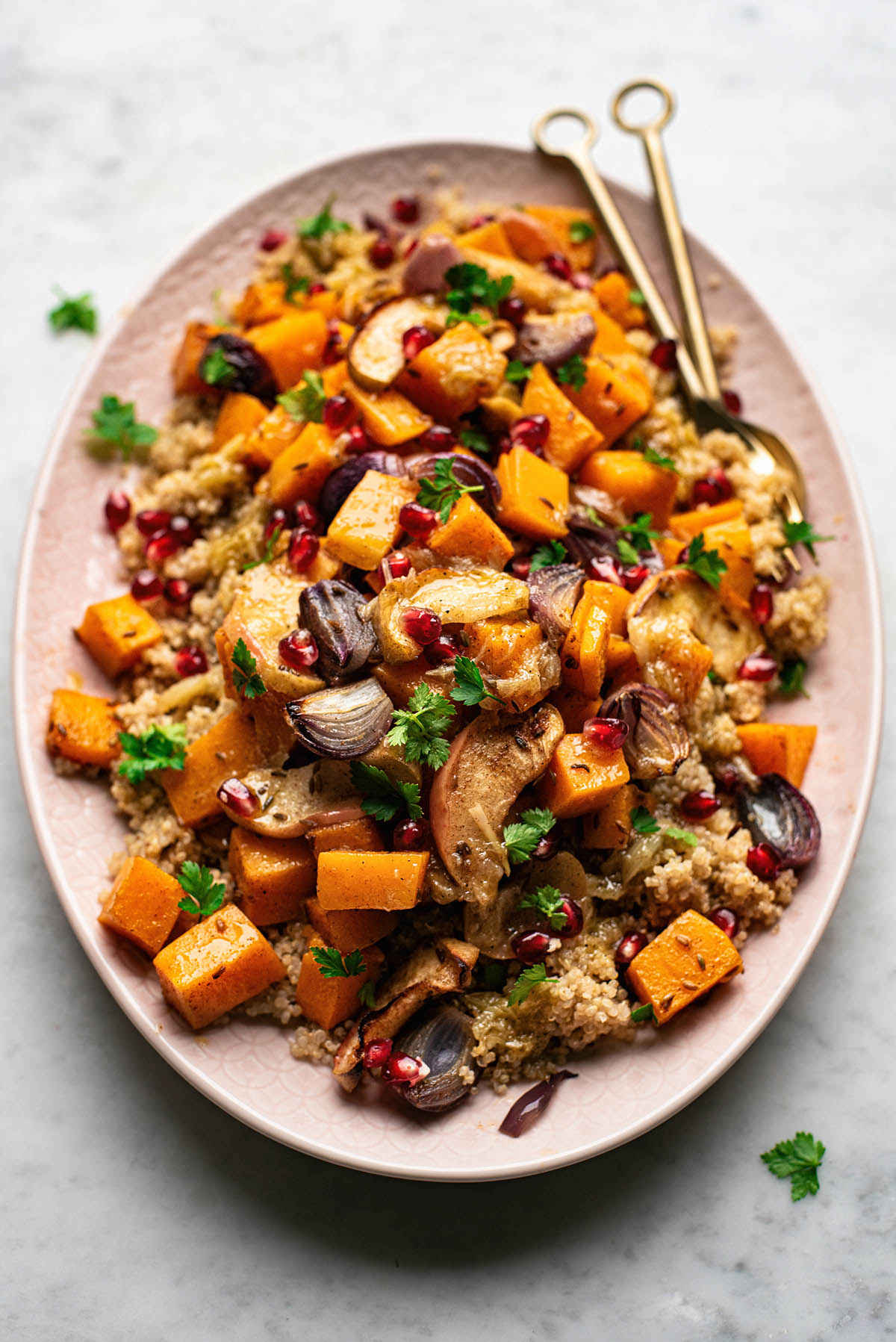 Roasted vegetable and apple salad over quinoa.
