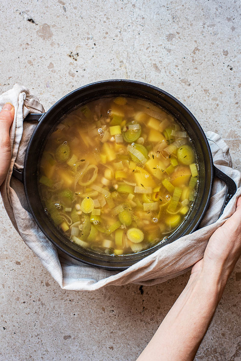 A pot of soup before blending.
