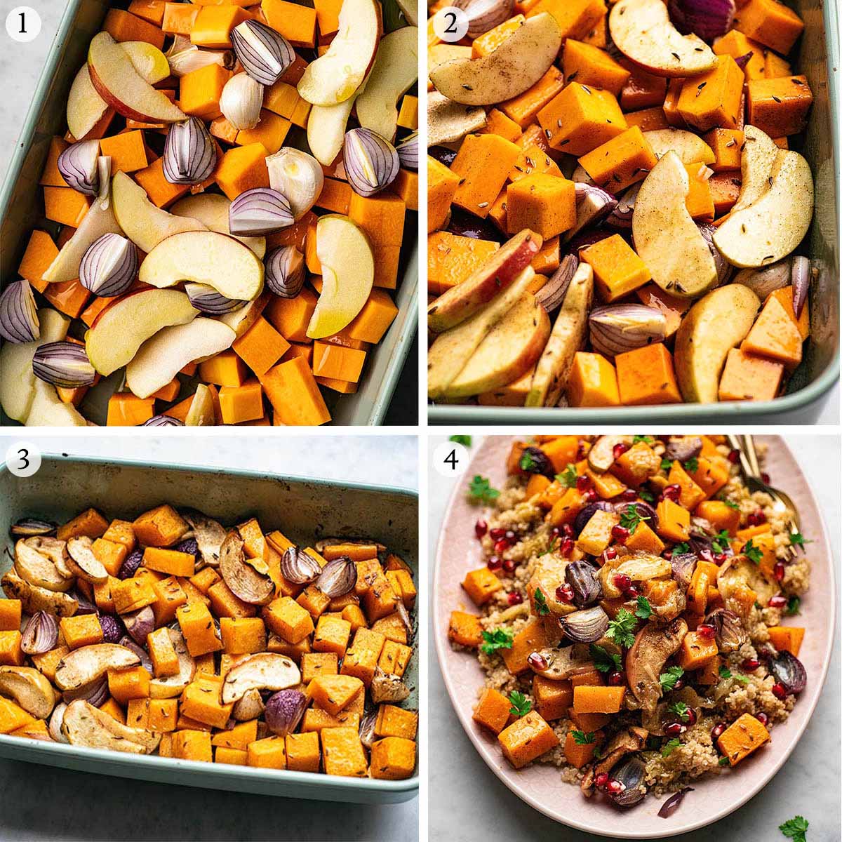 Roasted vegetable salad steps 1 to 4, prepped vegetables, mixed with spices, after cooking, and finished salad.