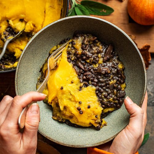 Woman's hands holding a bowl of shepherd's pie, taking a forkful.