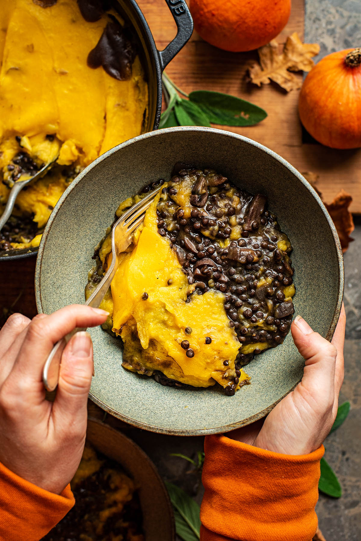 Woman's hands holding a bowl of shepherd's pie, taking a forkful.