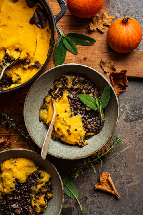 Bowls of vegan shepherd's pie.