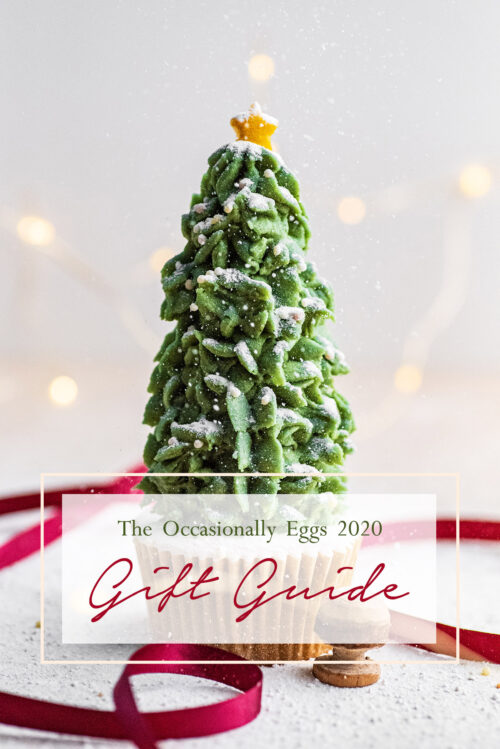 A buttercream tree cupcake with text overlay stating "The Occasionally Eggs 2020 Gift Guide".