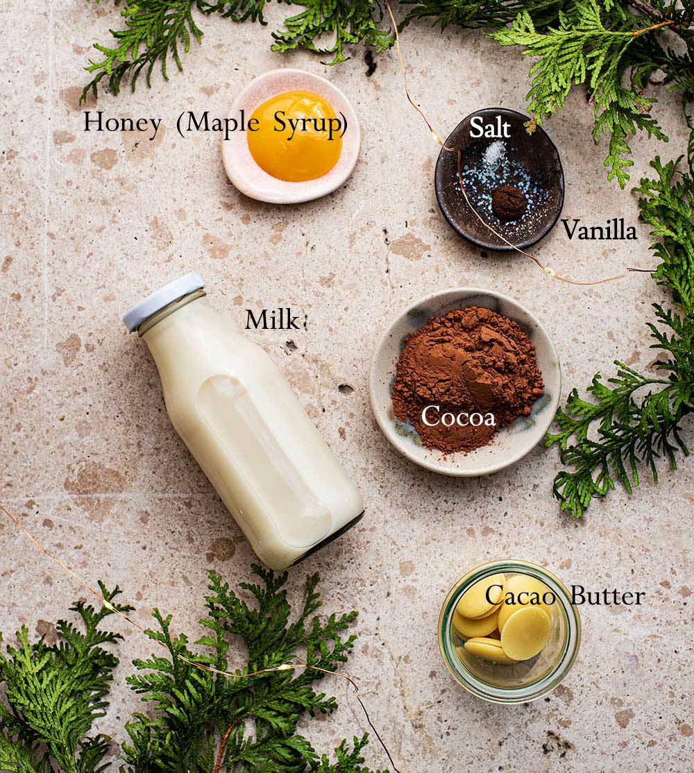 Dairy free hot chocolate ingredients with labels.
