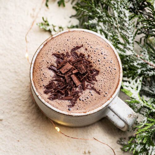 A mug of hot chocolate with a foamy top and some shaved chocolate on top.