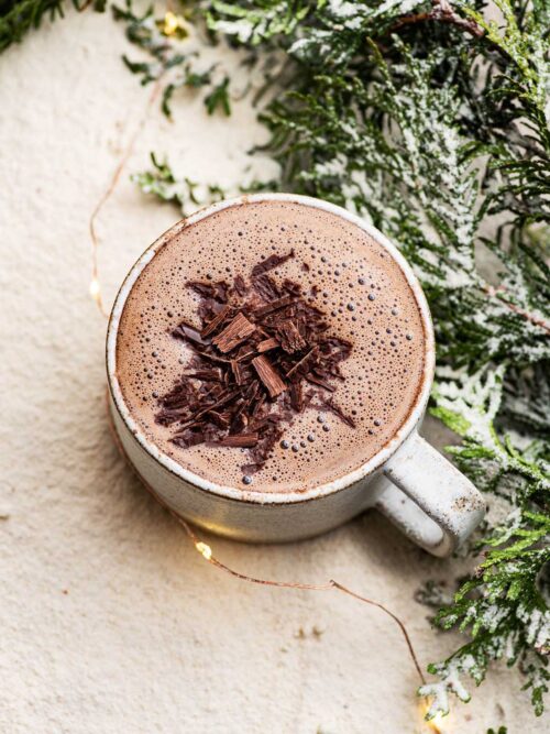 A mug of hot chocolate with a foamy top and some shaved chocolate on top.