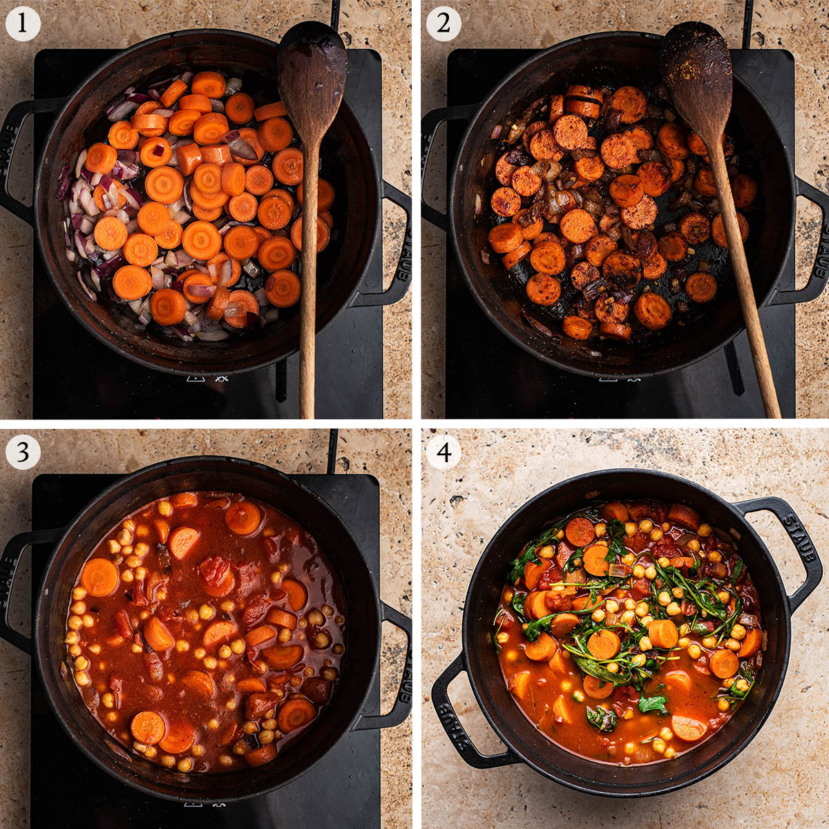 Carrot stew steps 1 to 4.