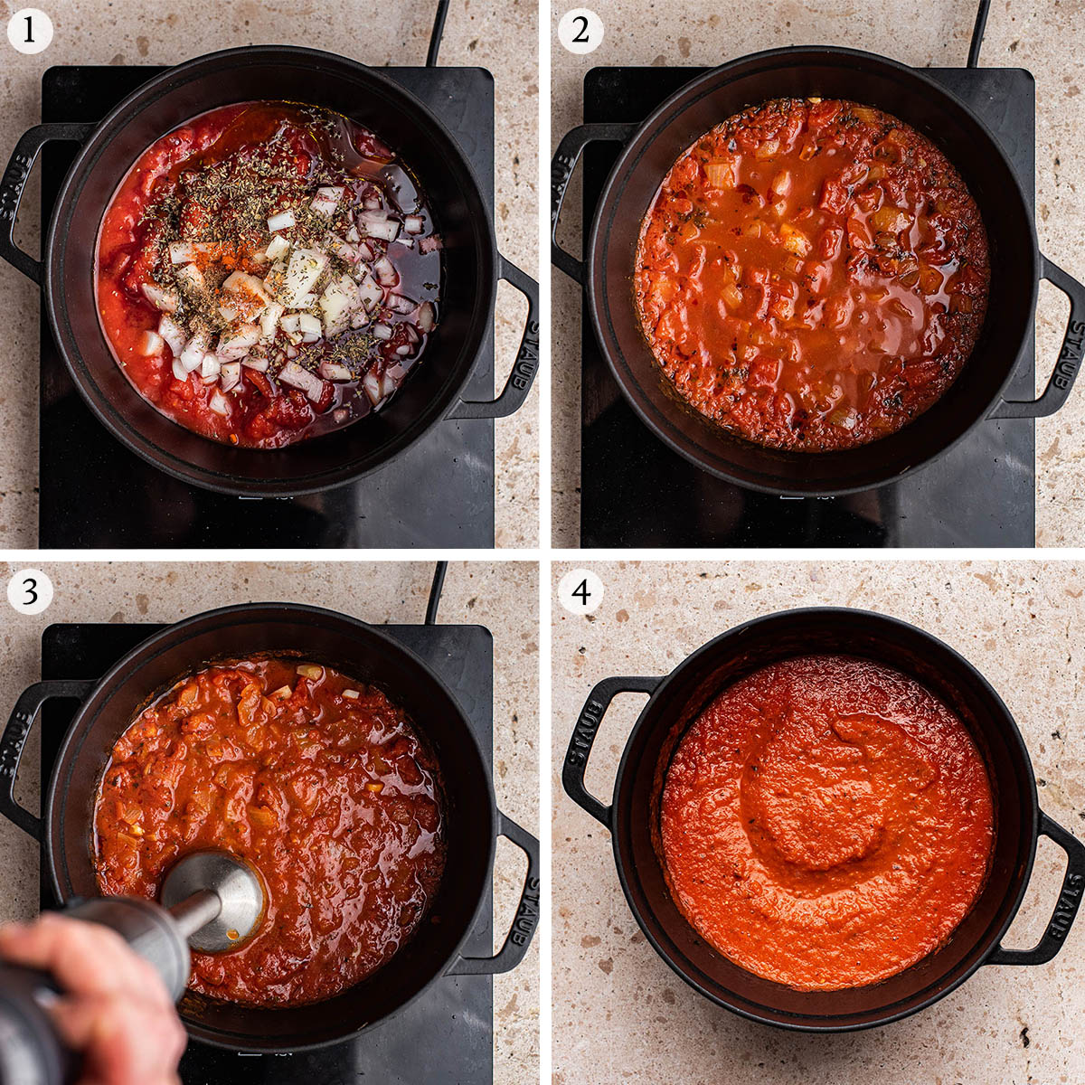 Tomato sauce steps 1 to 4.