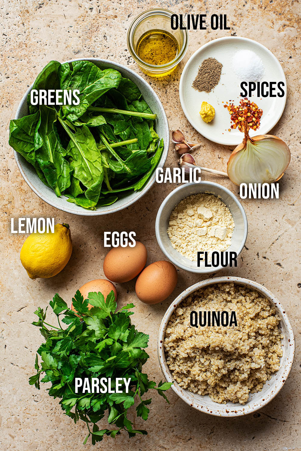 Quinoa and greens patties ingredients.
